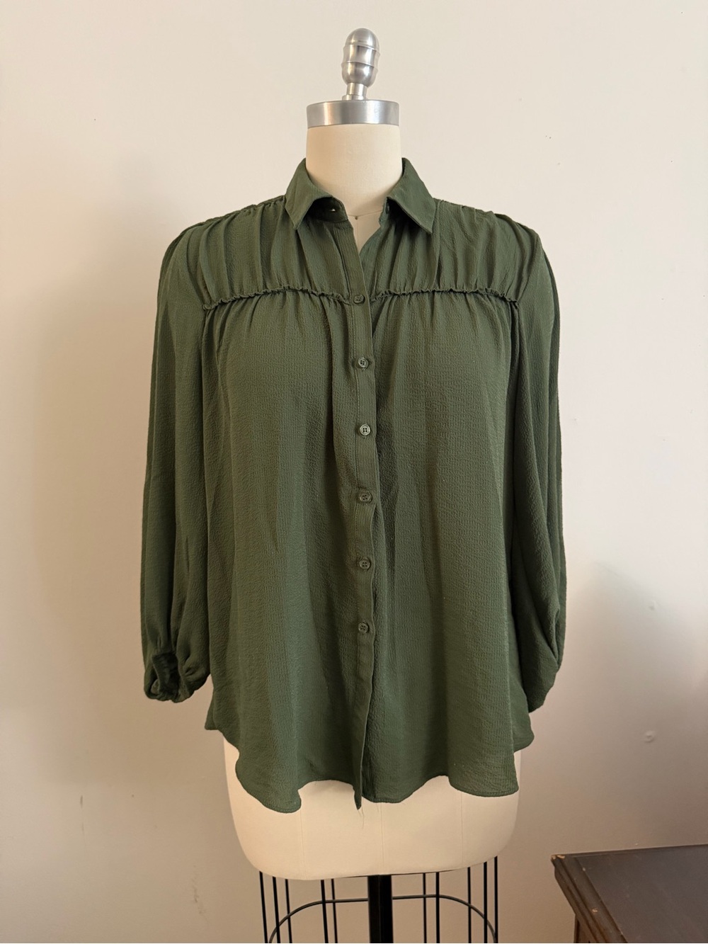 Max Studio Olive Green Gathered Yoke Button-Up Blouse